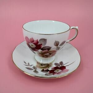 Royal Vale Bone China Tea Cup and Saucer Pink Wild Rose Gold Trim 8317 Vintage